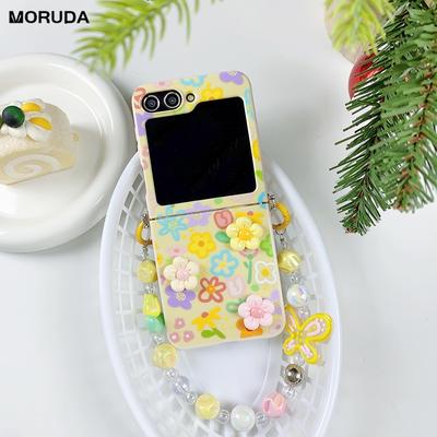 Cute Cartoon 3D Flower Bracelet Case for Samsung Galaxy Z Flip 6 5 4 3 Flip6 Colorful Beads Wrist Chain Soft Shockproof Cover