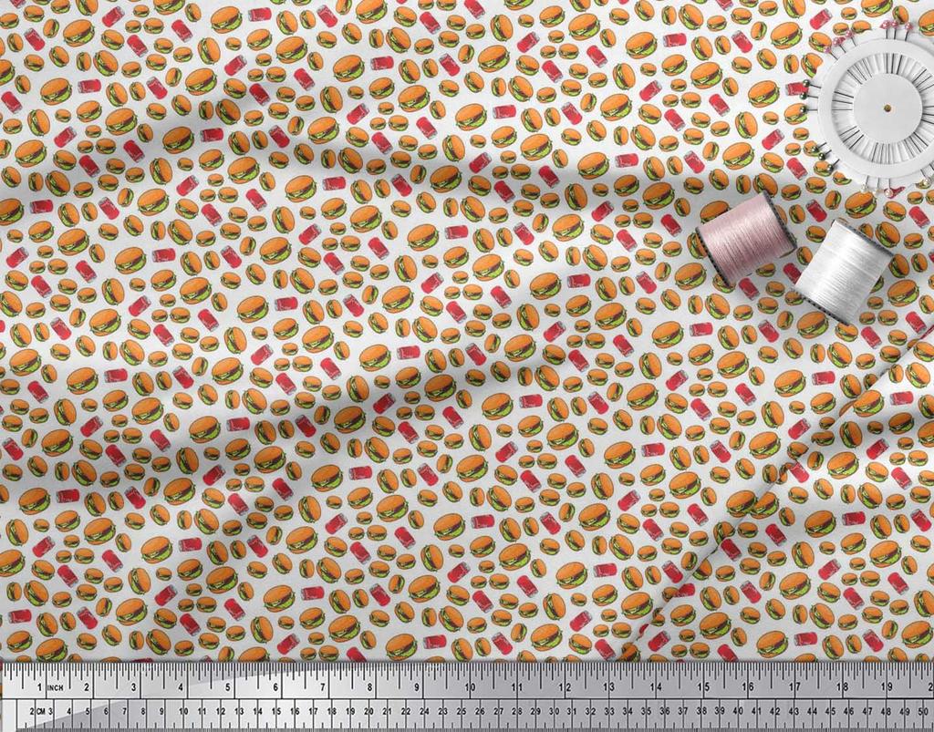 Soimoi Japan Crepe Satin Fabric Coke & Burger Food Printed Craft Fabric by the Metre 42 Inch