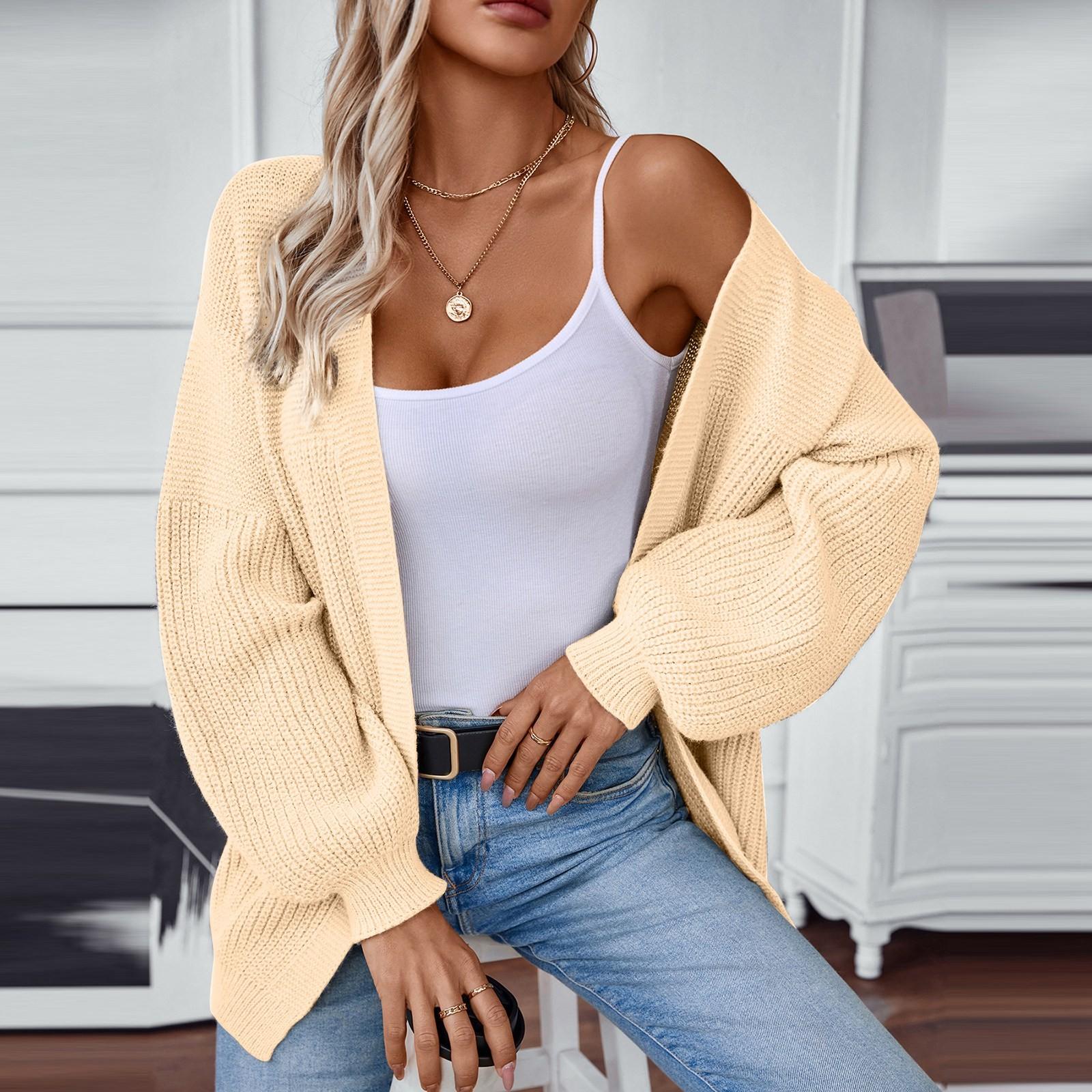 

Женская мода повседневный трикотажный однотонный кардиган с капюшоном свитер пальто L бежевый