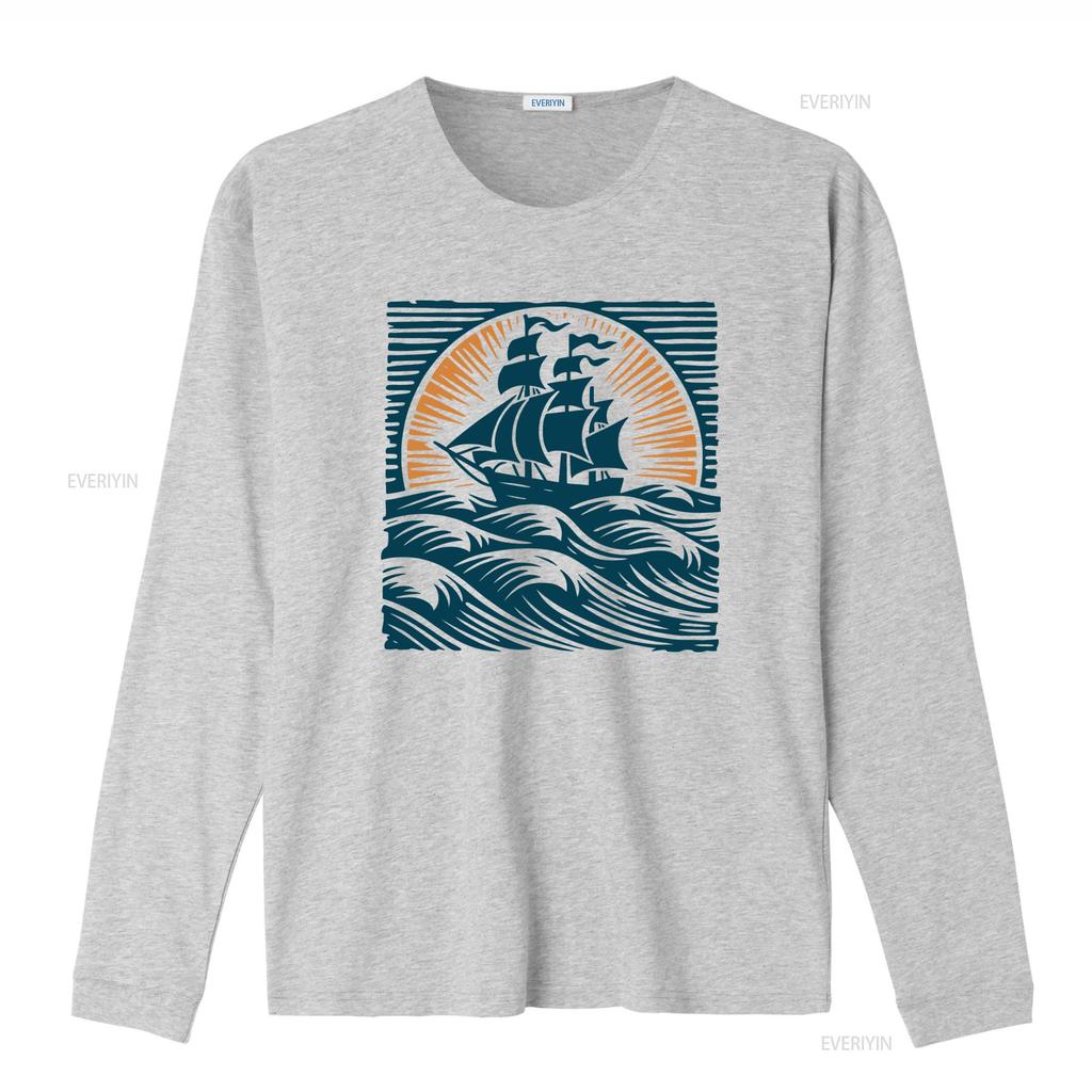 Vintage Nautical Sailing Ship Sunset Ocean Wave Print Casual T Shirt Vintage Washed Designer Clothes Stretched Unisex
