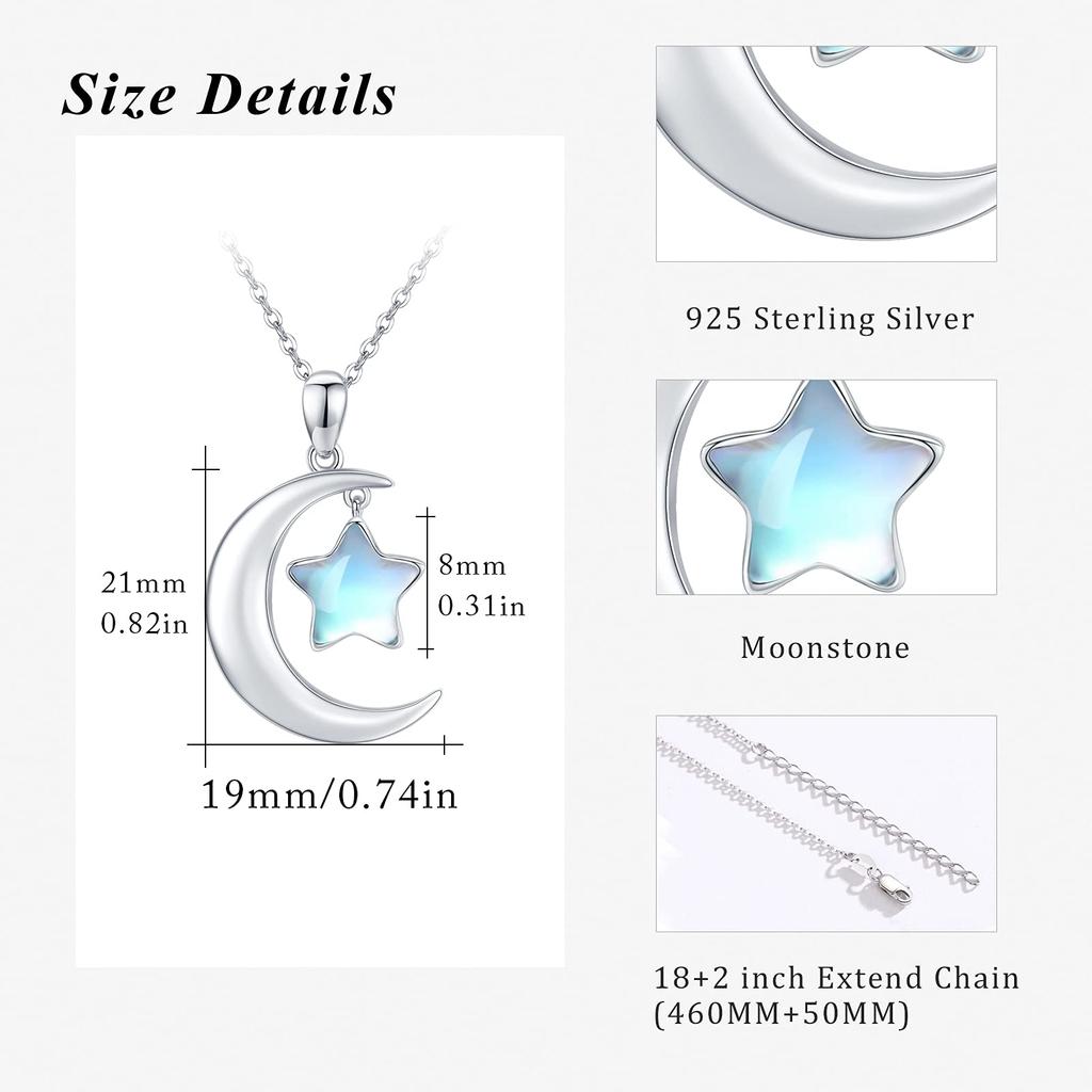 CUOKA MIRACLE Moonstone Necklace Moon Star Necklace 925 Sterling Silver Crescent Moon and Star Pendant Necklace Synthetic Rainbow Moonstone Star Moon