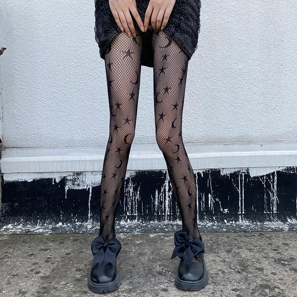 

JK Socks with moon and star patterns, trendy black stockings, leggings JK Thin Hollowed-Out Jacquard Fishnet Stockings One-size-fits-all, simple