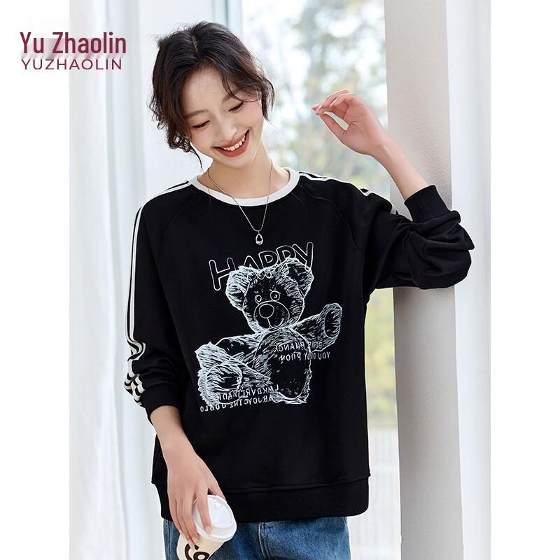 Yuzhaolin Women's Bear Print Striped Color Block Round Neck Sweatshirt