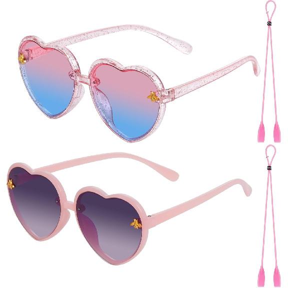 obmwang 2 PCS Kids Heart Shaped Sunglasses Cute Bee Glasses with Strap for Girls Boys Age 3-10 UV400 Protection Outdoor Beach
