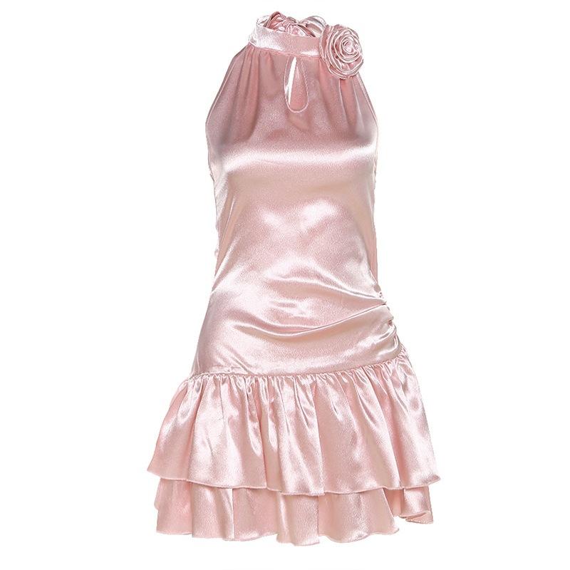 2026 European and American style summer new women's clothing solid color sexy sleeveless neck high waist ruffle edge dress