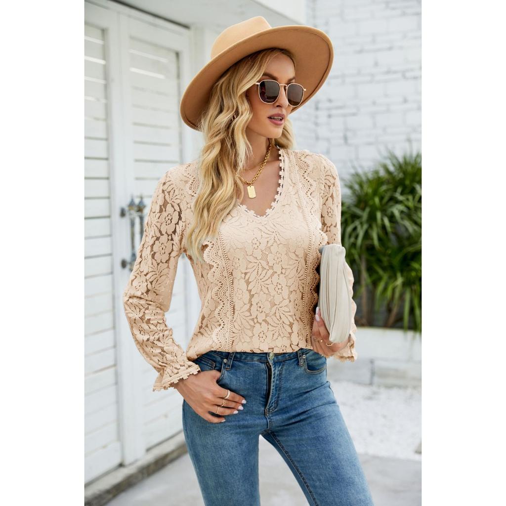 Autumn New Women's Solid Color Hollow Lace Long Sleeve Sexy Knit Lace Top, Amazon Europe America Cross-border Style