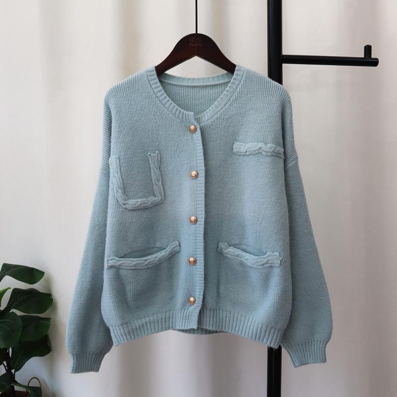 

Нежный вязаный кардиган женский топ осень и зима новый свободный свитер куртка женская One size синий
