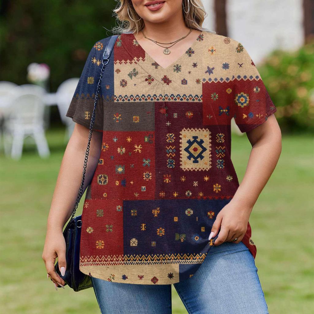 Women's Plus Size Fashionable Casual Loose-Fit Short Sleeve Elegant V Neck Blouse For Work