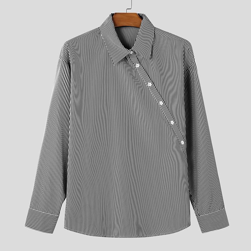 

INCERUN Men Turn Down Collar Long Sleeve Oblique Buttons Striped Loose Casual Shirts 3XL чёрный