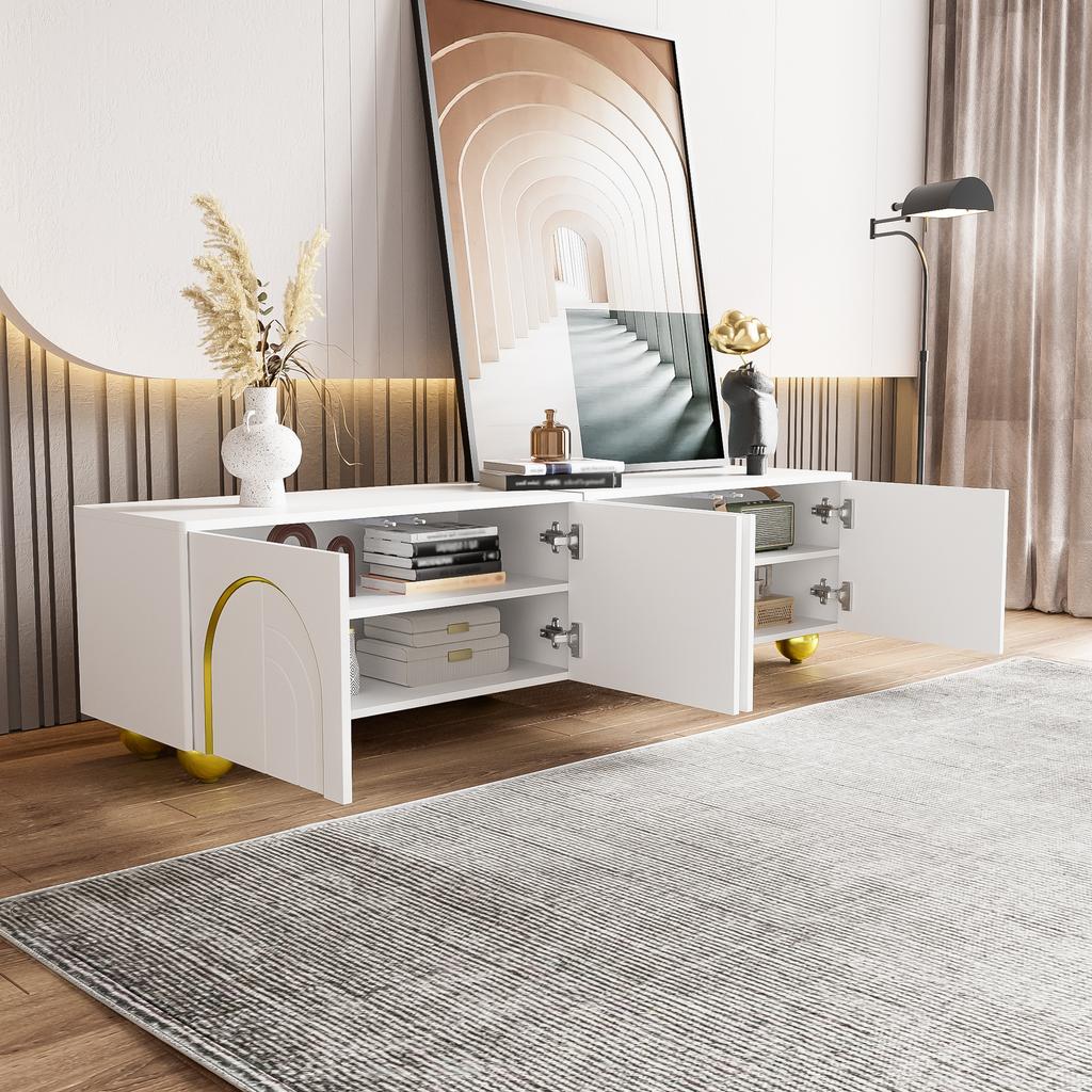 TV skříňka, Nízká skříňka se strukturovanými dvířky, TV nábytek se zásuvkami, Otevřenými přihrádkami, Zlatými úchytkami a Zlatými nožkami.[STARÉ SKU: WF530901902WAA]