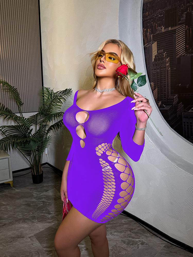 Long-sleeved ripped sex underwear foreign trade one-piece tights mesh coat hollow backless hip skirt w844
