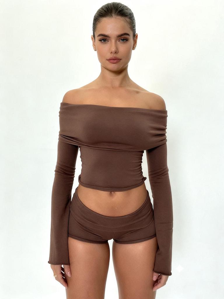 Women's Solid Color One-Shoulder Lapel Casual Suit: Long Sleeve Top + Shorts