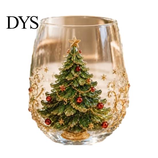 Christmas Themed Water Mug 330ML Glass Cup, Wreath/Santa Claus/Elk/Stockings/Snowman Pattern Holiday Glassware Compact for Breakfast Wine, Coffee,