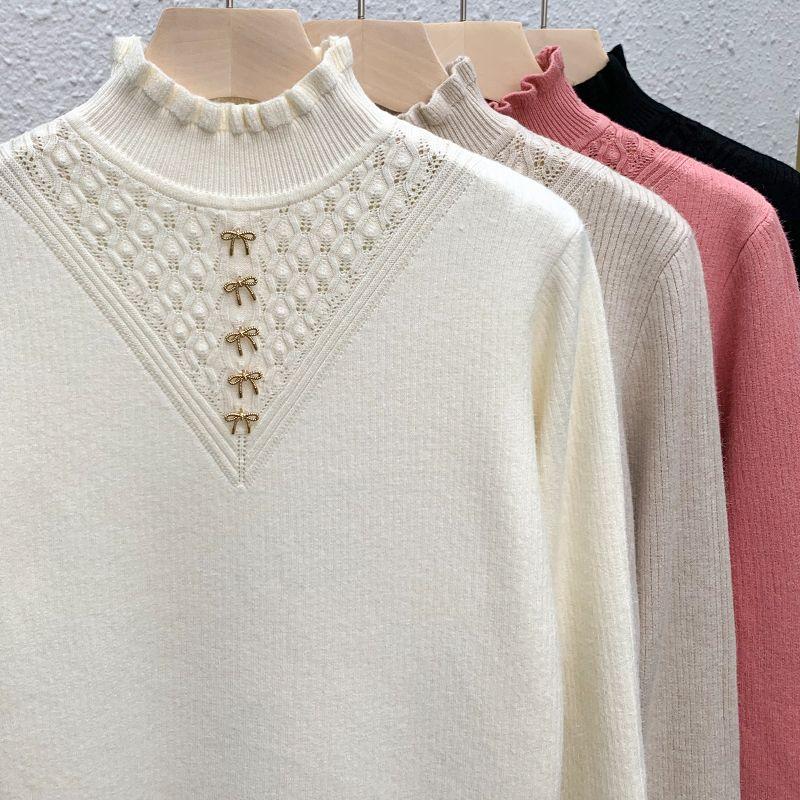 Eldelad fleece-tröja med halvhög krage för dam, fleeceförtjockad pullover, enfärgad långärmad avslappnad stickad tröja för höst och vinter