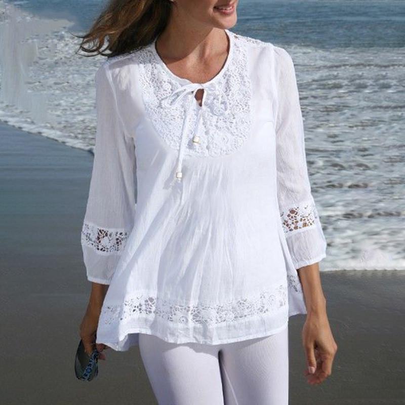 New Cotton Linen Patchwork Lace 3/4 Sleeve Loose Fit Women's Top