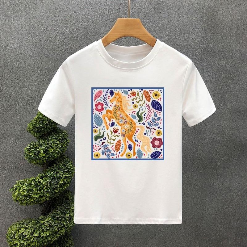 25 Summer Short Sleeve Horse and Floral Print T-Shirt Men's Creative Crew Neck Top Hip Hop Fashion Cotton Streetwear Large Size