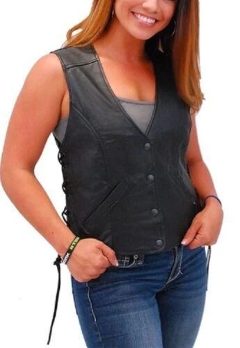 Classic Button 100% Waistcoat Black Women Vest Coat Western Lambskin Leather