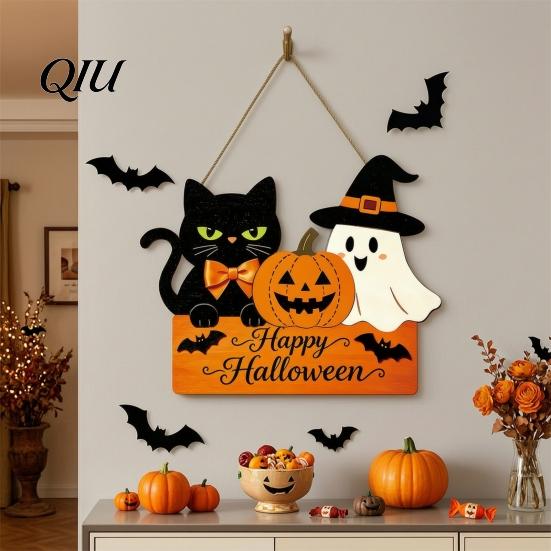 Black Cat Pumpkin Ghost Pendant Halloween Door Sign with Hemp Rope Lanyard, Printed Hanging Kindergarten Holiday Environment Decor Plaque, Wooden