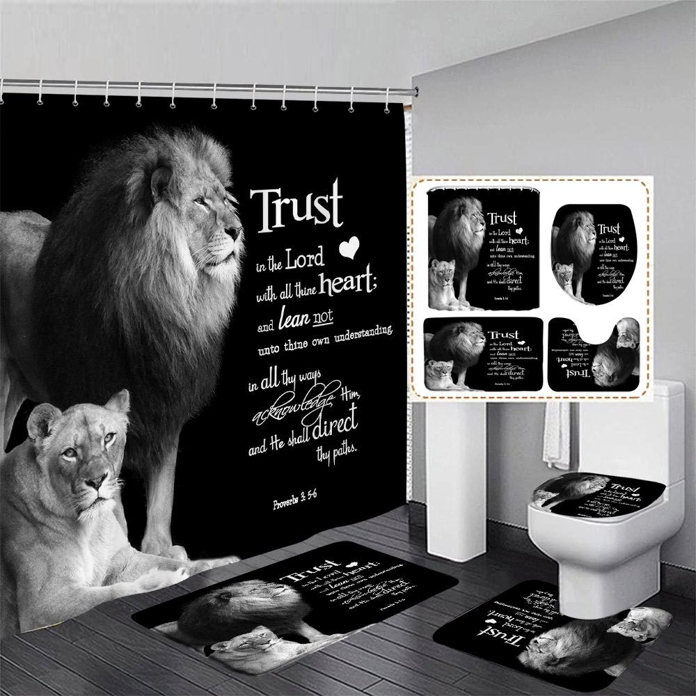 Black Lion Shower Curtain Set Wild Animal Motivational Quote Bathroom Curtains Non-Slip Bath Mat Rug Toilet Lid Cover Home Decor
