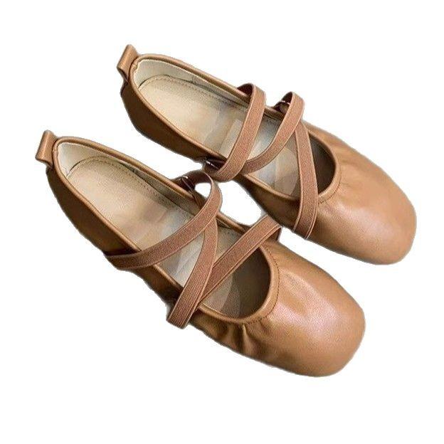 Soft Leather Version~ French Cross-strapped Red Mary Jane Shoes Flat Single Shoes Women's Shallow Mouth Evening Wind Fairy Ballet Shoes