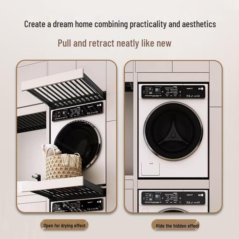 Retractable Balcony Clothes Rack with Overhead Hanging Rod and Built-in Storage