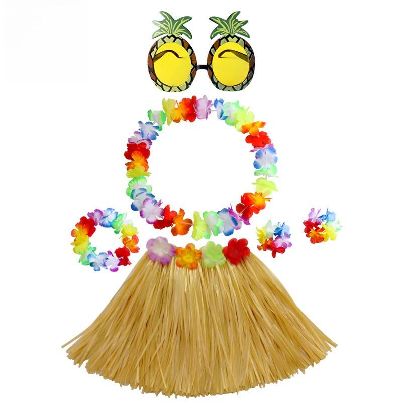 6pcs Set 30CM Single-layer Grass Skirt Wreath Pineapple Glasses Festival Party Atmosphere Performance Outfit Combination Set