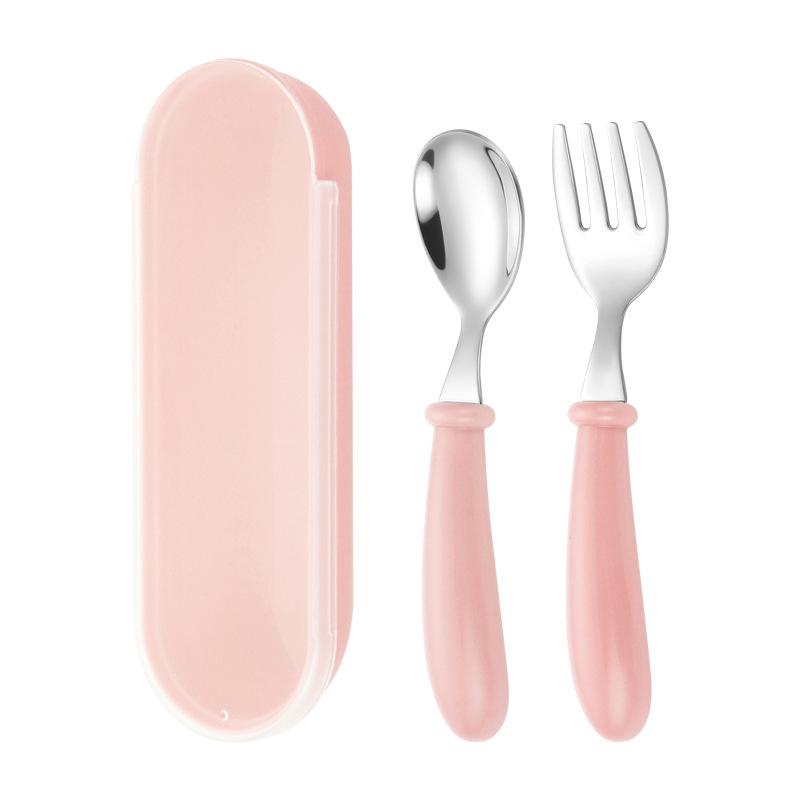 

Мультяшная детская посуда из нержавеющей стали 304, симпатичная ложка, вилка, круглая ручка, ложка для кормления малышей, портативный подарочный набор розовый