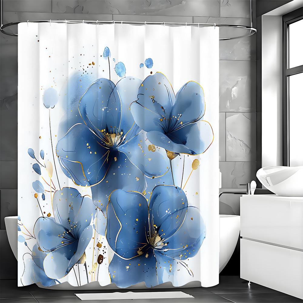 Blue Watercolor Floral Shower Curtain, Bathroom Decorative Shower Curtain, Waterproof Shower Curtain with Hooks