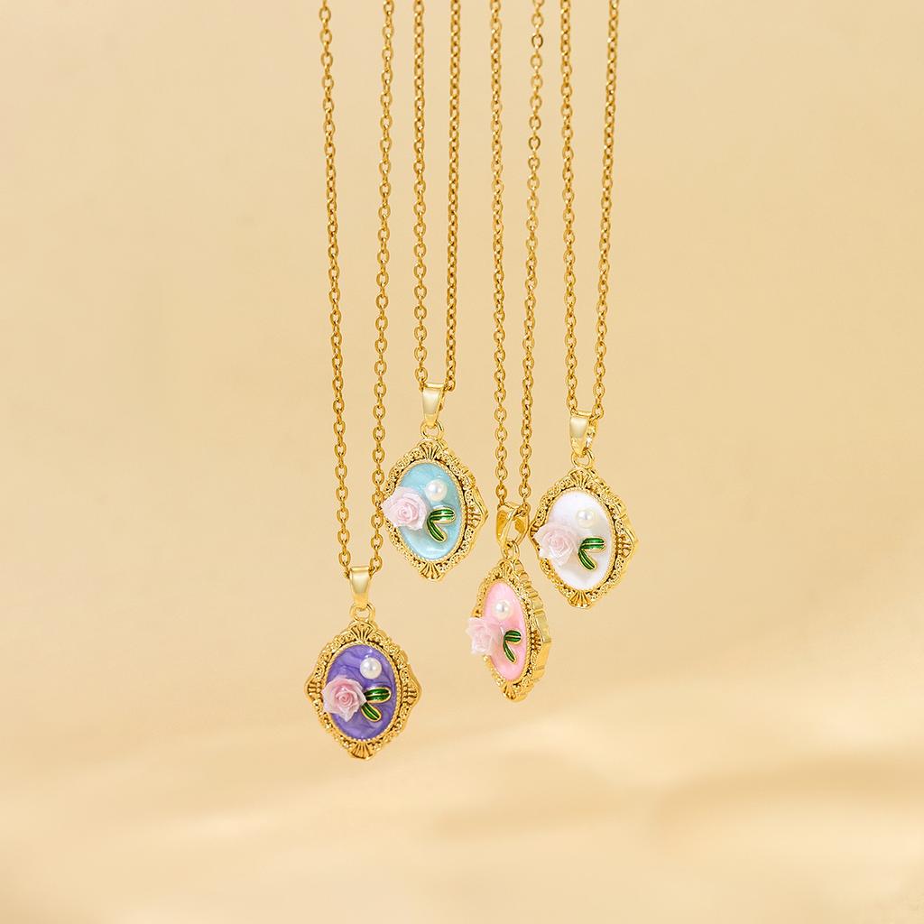 Cross-border New French-style Vintage Faux-pearl Oil-drop Pendant Light-luxury Enamel High-end Painted Flower Art Copper Bamboo
