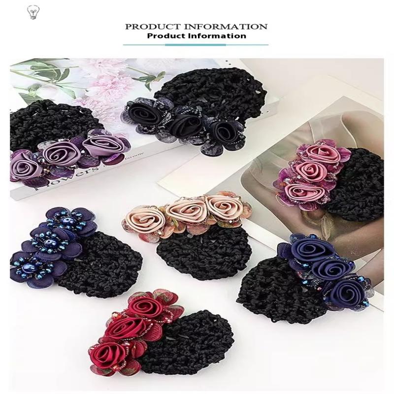 Women Hair Bun Cover Net Snood Hairnet Bow Barrette French Hair Clip Bow Ribbon Flower Hair Accessories For Banks Hotels Staff