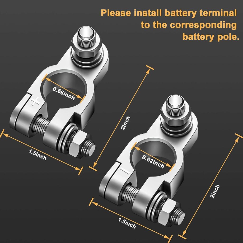 Battery Terminal Connectors, Premium Copper Material Battery Terminals, Brush, With 4 Pcs 2 Gauge 3/8" Copper Lugs, 4 Heatshrink Tubes, 2 Terminal