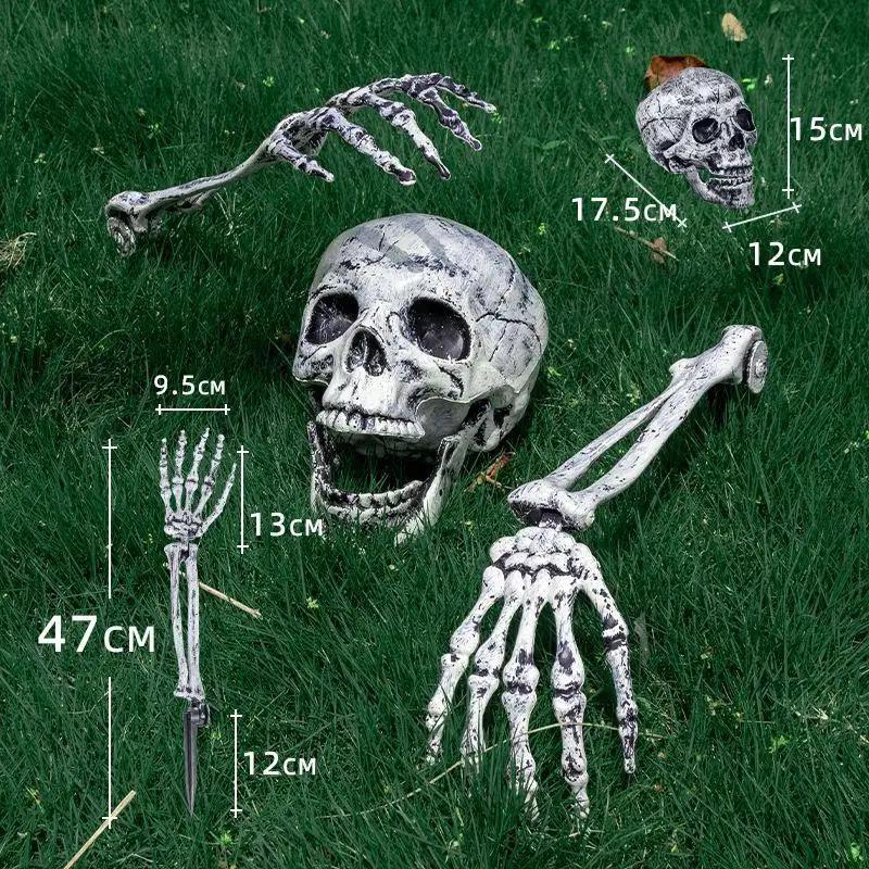 Halloween Realistic Skull Skeleton Head Human Hand Arms for Halloween Party Home Garden Lawn Decor Haunted House Horror Props