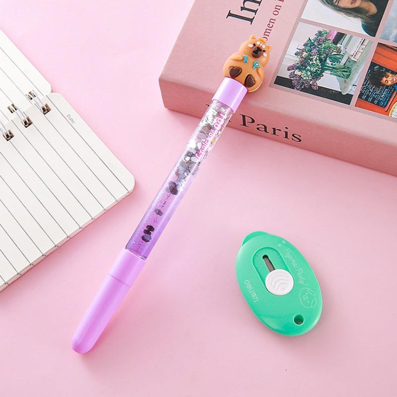 12 Pcs Cute  Purple Capybara topper Quicksand Ballpoint Pen,Signature Pen,  Student Classroom Prize Back-to-School Stationery Office Supplies