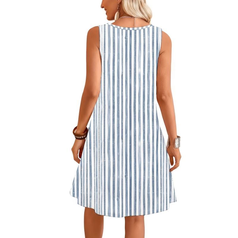 Ladies' Sleeveless Line Printed Dress - Spring and Summer Vitality Pretend, Round Neck Design, Machine Washable, Breathable Fabric Suitable for Beach
