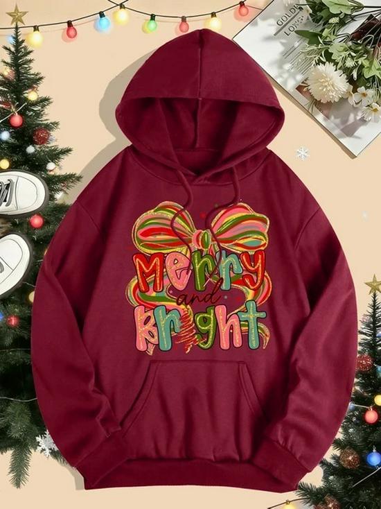 Merry & Bright Bow Print Women's Hoodie - Autumn/Winter Loose Pullover