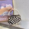 Stylish and Simple Beaded Pearl Bag Dinner Bag Hollow Semicircular Handbag Metal Bucket Bag