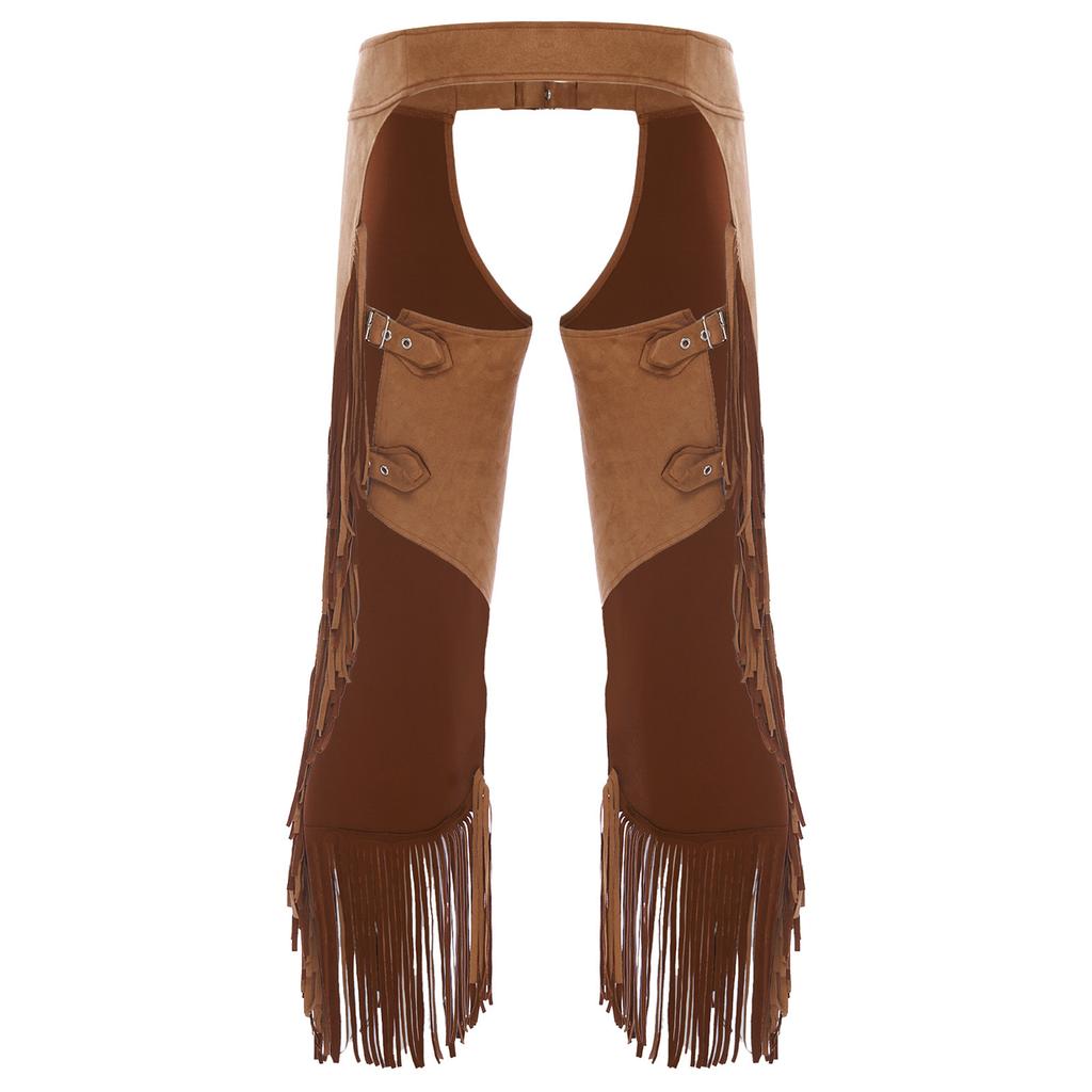 Women‘s Open Crotch Cowgirl Chaps S-3XL: Suede Fringe Pants with Buckle Closure, Perfect for Halloween & Rodeo Theme Party