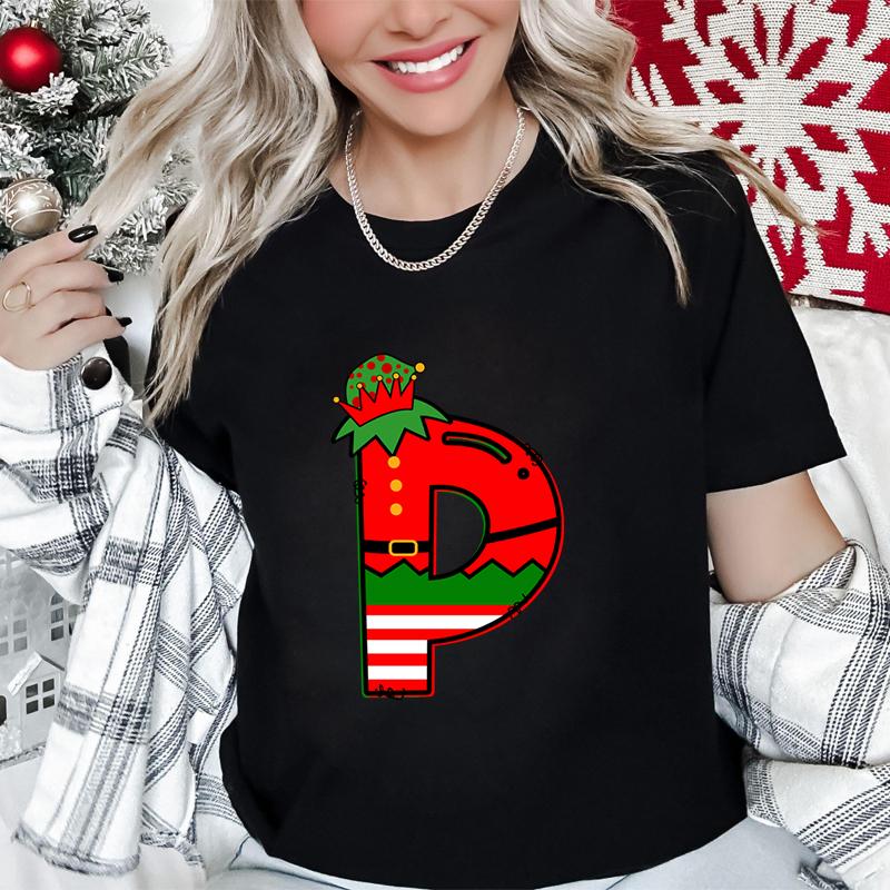 Womens Christmas Alphabet AZ Graphic Print Tshirt Holiday Casual Top with Santa Letters Perfect for Xmas Party Street Wear