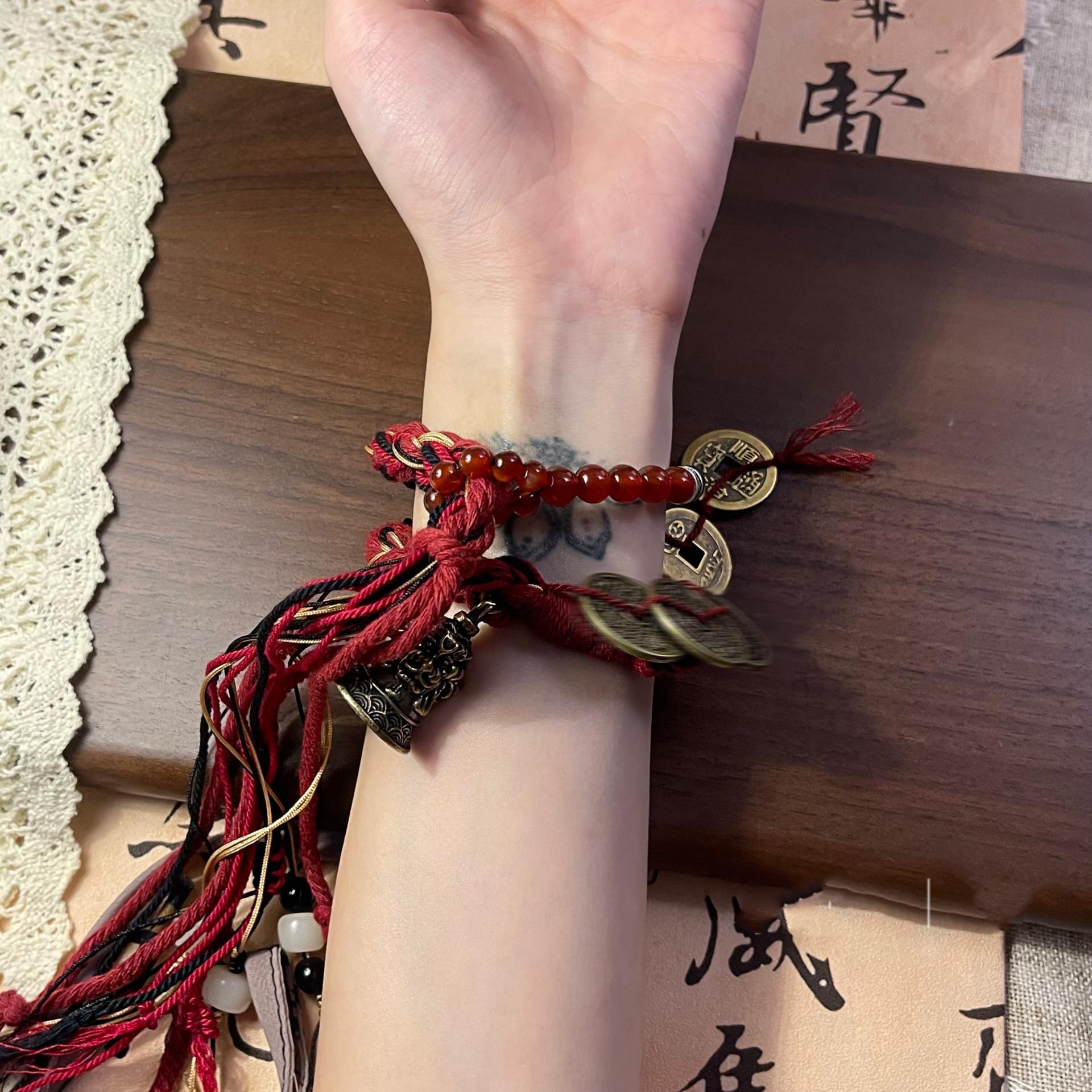 

Браслет для денег в виде горного призрака, плетеный вручную, медная монета, бахрома, ручная веревка, новый китайский ретро-стиль, этнический стиль, нишевый дизайн ювелирных изделий