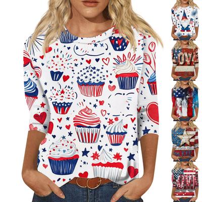 Women's Fashion Casual 3/4 Sleeve Independence Day Printed Round Neck Pullover Top