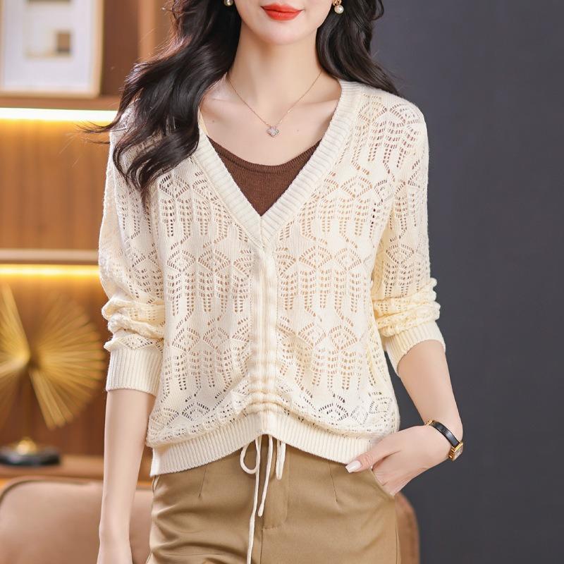 Spring and summer casual V-neck fake two-piece top drawstring design elegant hollow long-sleeved knitted lace-up blouse