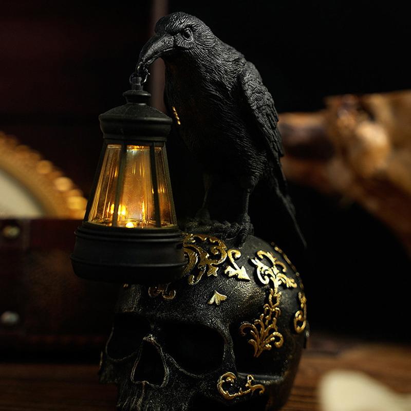 Halloween Crow Skull Night Light Table Lamp Halloween Decorative Skull Lamp Gothic Decorative Night Light Resin Craftsmanship