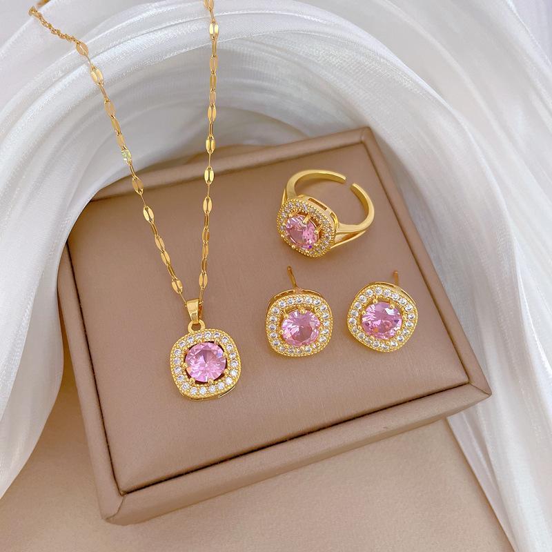 Square Zircon Sky Necklace Earrings Ring Set Light Luxury Personality Temperament Earrings Necklace Combination