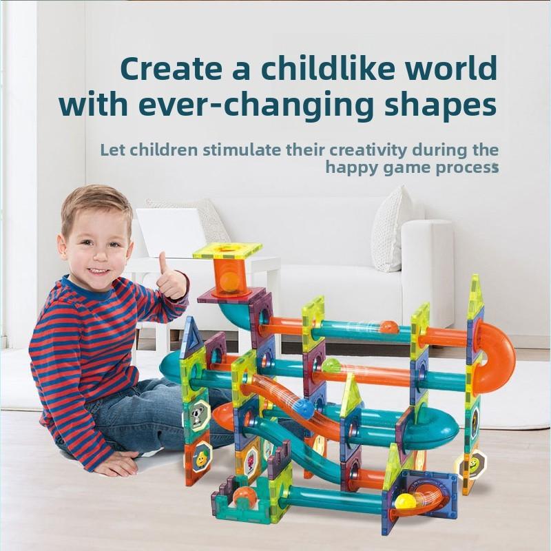 Geometric Magnetic Piece Children Splicing Track Ball Toy Set With Light For Kids Diy Educational Play Set
