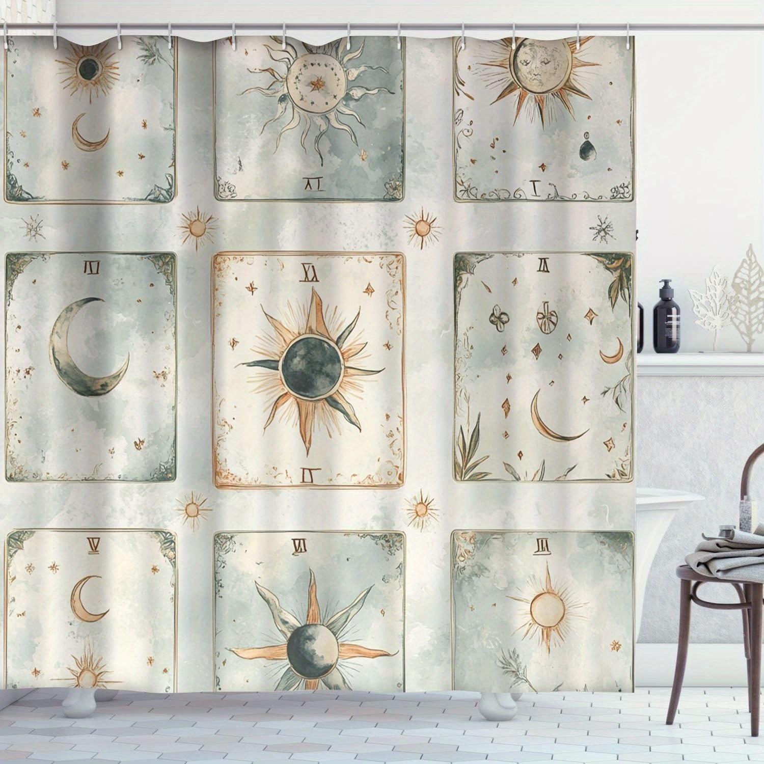 

Шторка для душа с акварельным Таро и знаками Зодиака - Небесный дизайн со звездами и знаками, Прочный полиэстер с крючками W90xH180cm