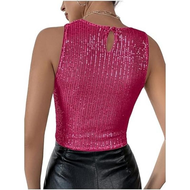 Women Fashion Sequins Slim Fit Sleeveless Cropped Casual Tank Top
