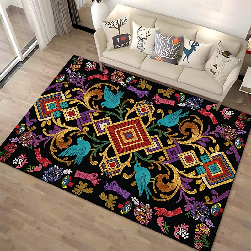 Colorful Abstract Carpet with Birds, Floral Patterns, and Geometric Shapes Suitable for Use As an Anti-slip for Living Room Bedroom Sofas