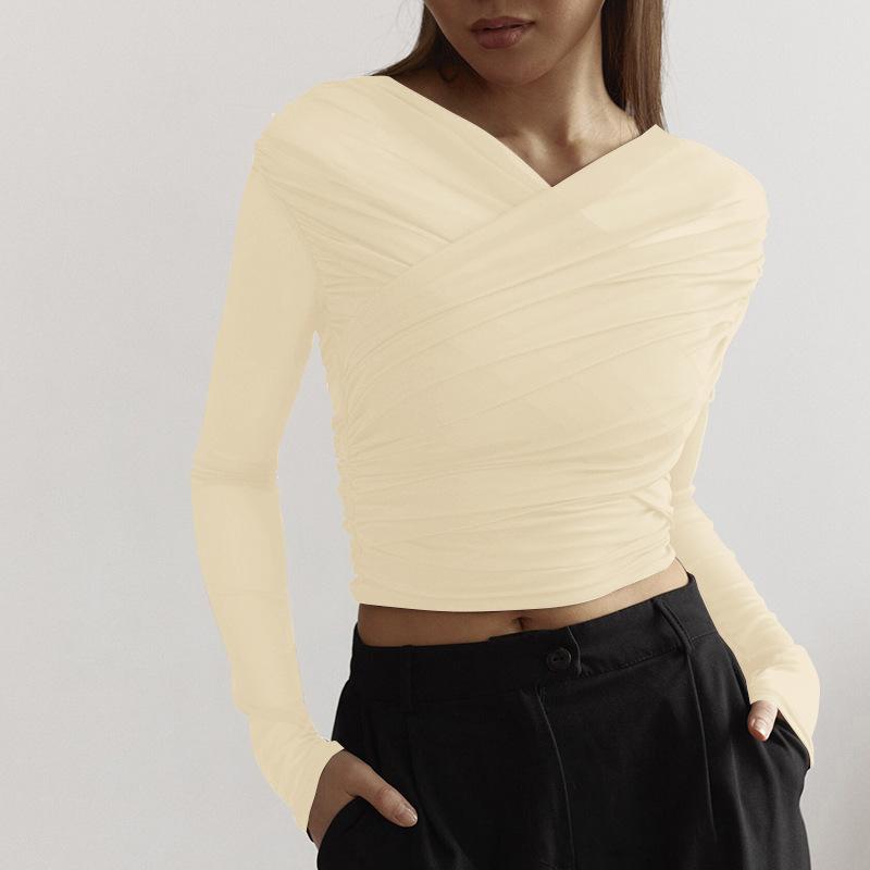 GMXIA Damska Jesienna Koszulka Top z Siateczki w Jednolitym Kolorze, Seksowna Plisowana z Długim Rękawem