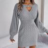 Autumn Winter Women's V-neck Sweater Dress Solid Color Hollow-out Lantern Sleeves Knitted Bodycon Dress