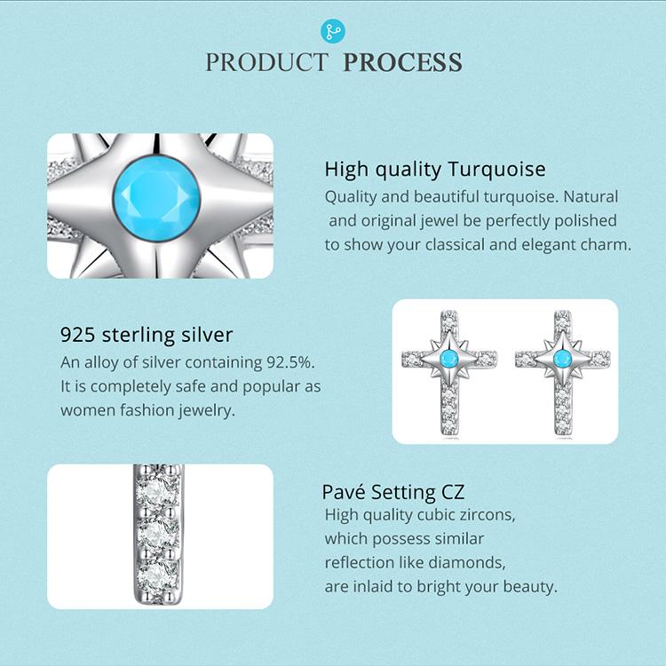 WOSTU Authentic 925 Sterling Silver Bright Cross Stud Earrings for Women Fine Turquoise Jewelry Wedding Aniversary Gift